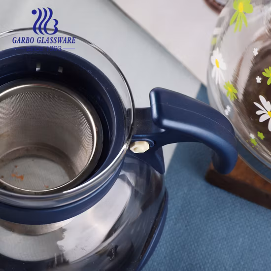 1,6 l großes Fassungsvermögen, hitzebeständige runde Glas-Teekanne, Glas-Kaffeekessel mit Edelstahl-Teesieb, schwarzer Kunststoffgriffdeckel für den Heimgebrauch
